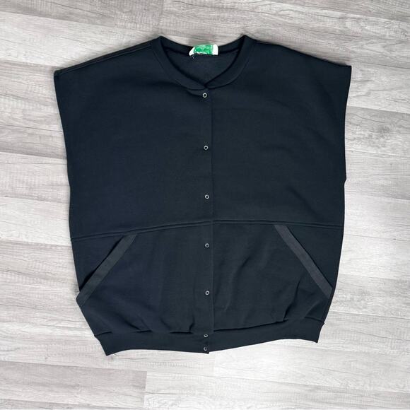 Vintage Black Snap Button Sweatshirt Vest Made in Singapore Pockets Plus Size - Picture 1 of 6